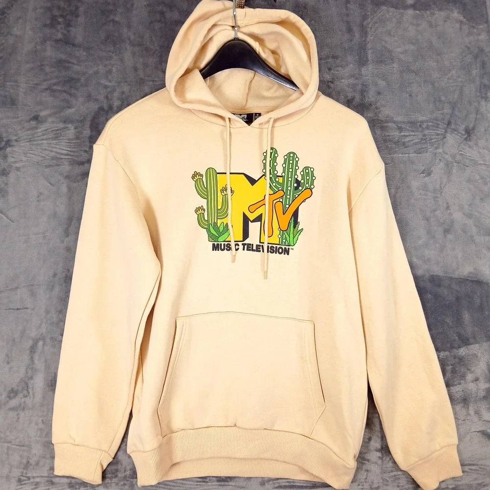 MTV Hoodie Mens Medium Beige Cactus Music Television Graphic Pullover Sweatshirt